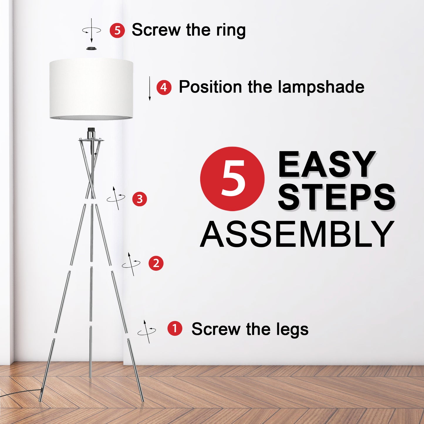 Amlight Lisboa 62 inch Tripod Floor Lamp with Metal Chrome Tripod and White TC Fabric Shade