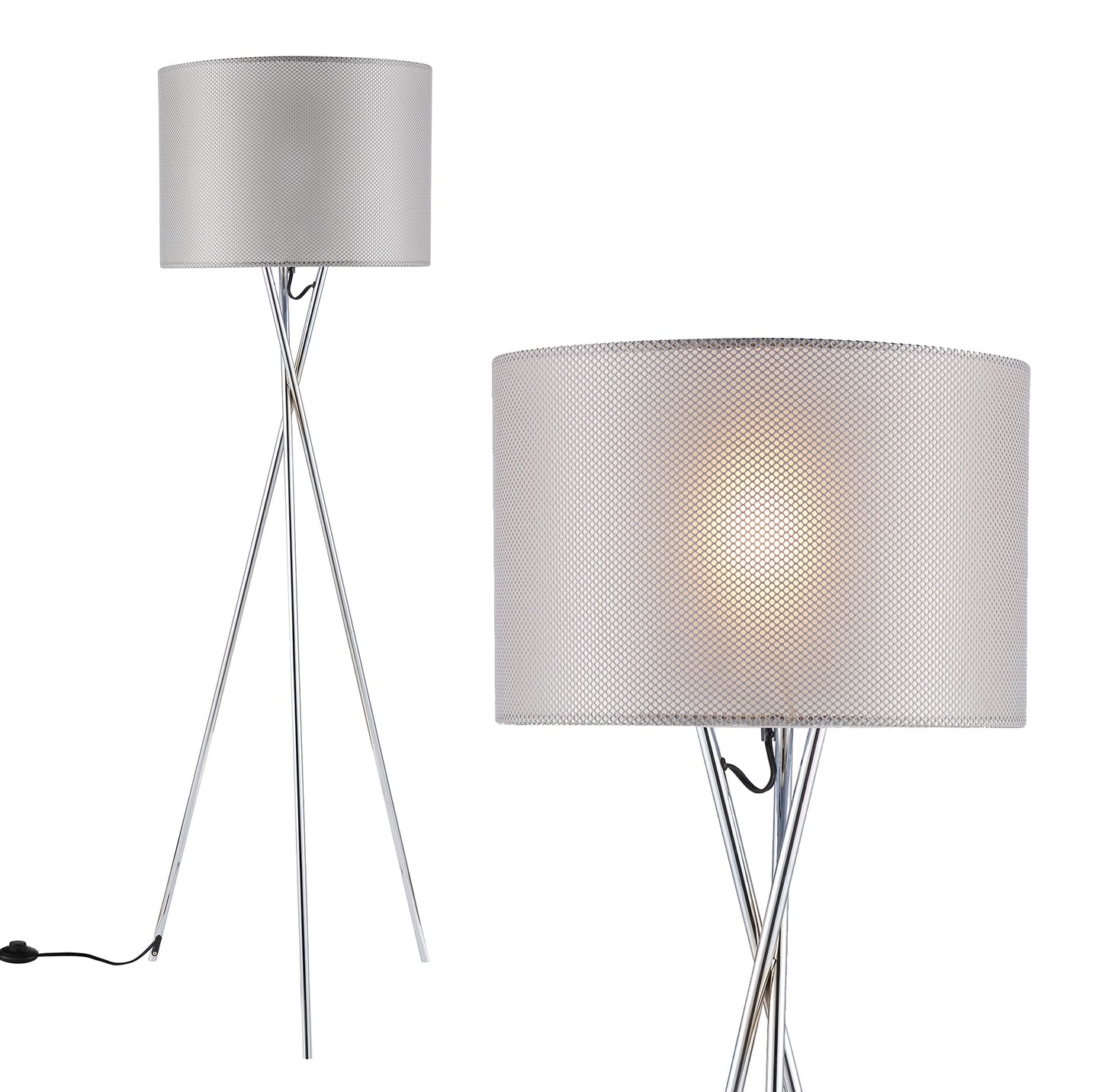 Amlight 62 inch Lisboa Tripod Floor Lamp with Metal Chrome Tripod and Grey Mesh Fabric On Frosted Film Shade