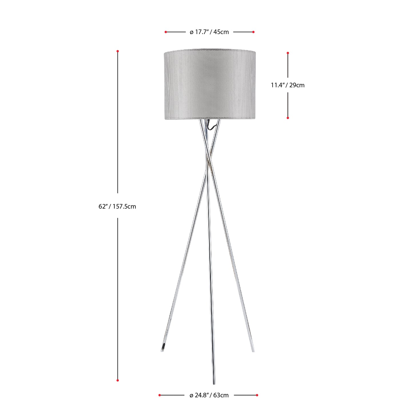 Amlight 62 inch Lisboa Tripod Floor Lamp  with Metal Chrome Tripod and Grey Mesh Fabric On Frosted Film Shade