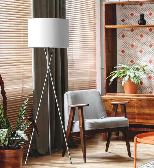 Amlight Lisboa 62 inch Tripod Floor Lamp with Metal Chrome Tripod and White TC Fabric Shade