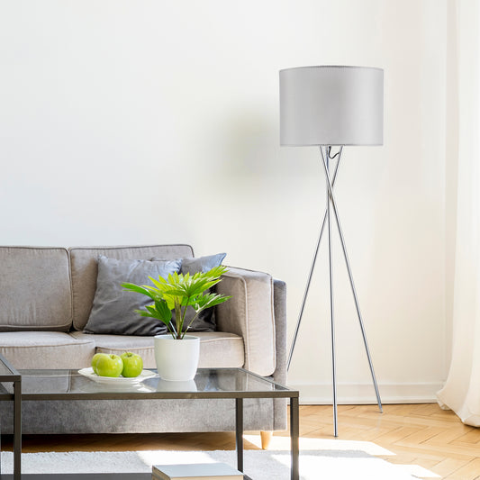 Amlight 62 inch Lisboa Tripod Floor Lamp  with Metal Chrome Tripod and Grey Mesh Fabric On Frosted Film Shade