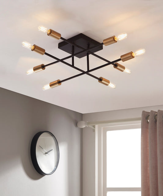 Halton 8 Light Black and Gold Flush mount Ceiling Fixture